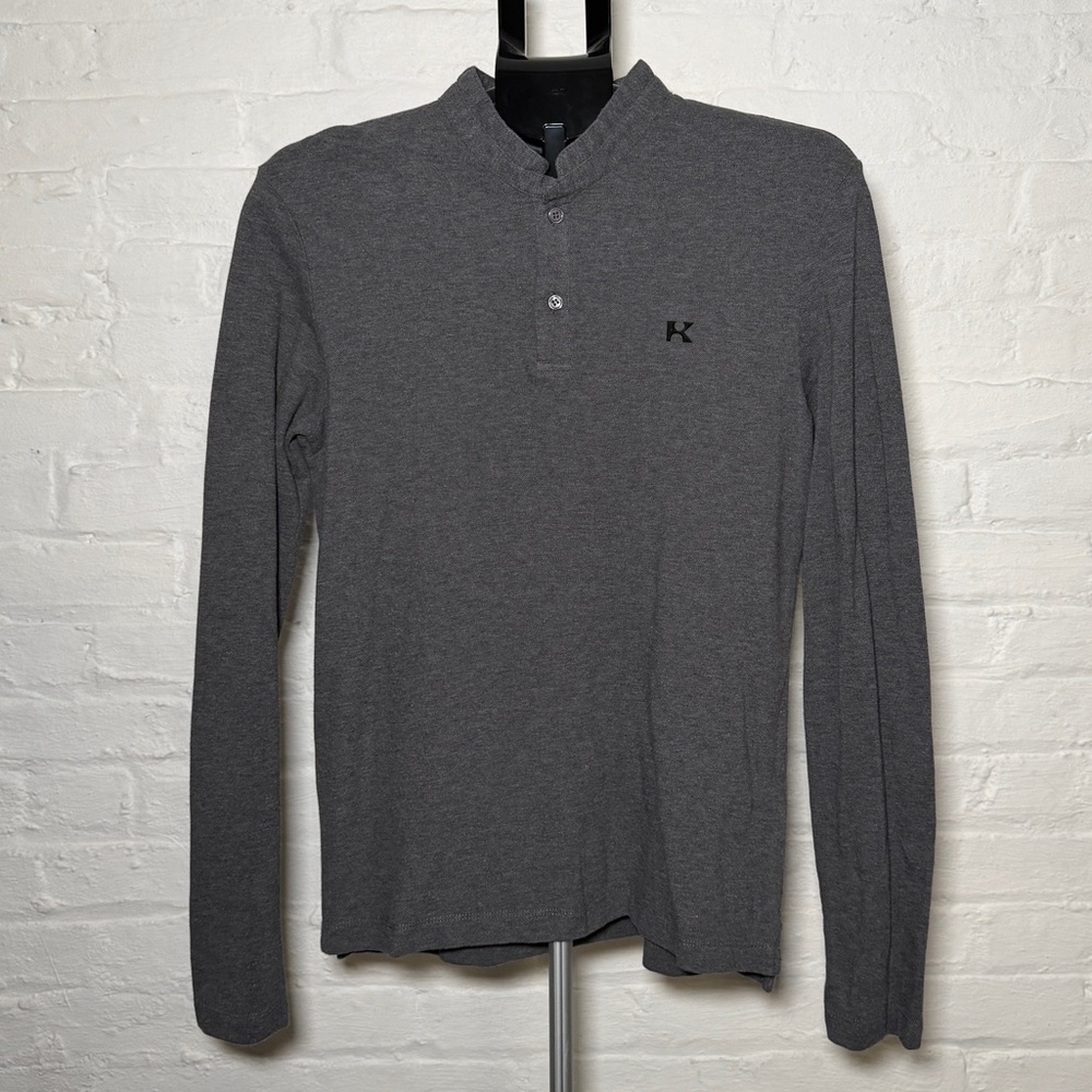 The Kooples Charcoal Gray Band Color Logo Long Sleeve Men’s Polo Shirt